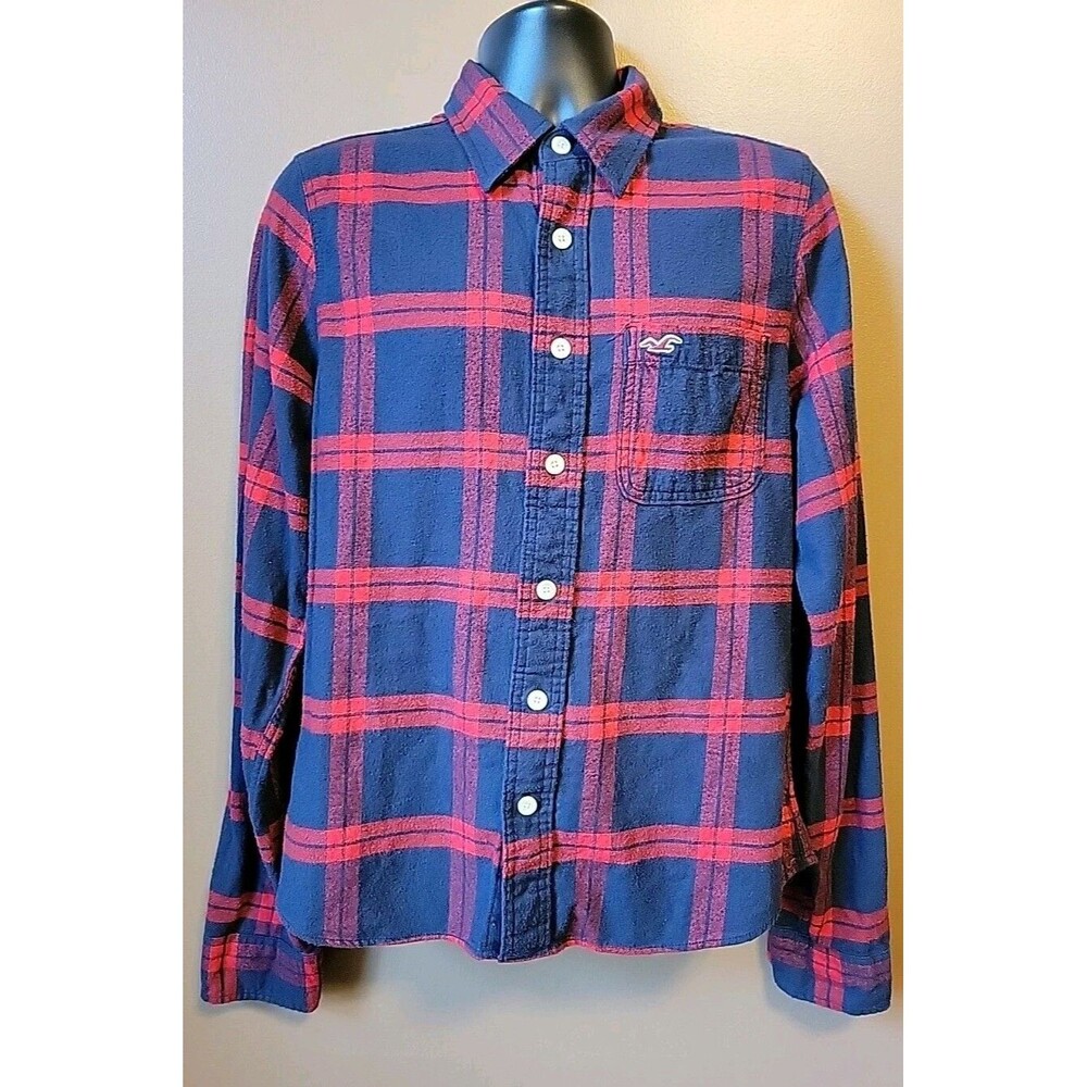 Hollister Button Up Shirt Mens Blue Flannel Red Plaid Long Sleeve Casual | XL